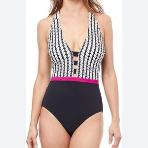 Profile By Gottex One Piece Black Multi Color V-Neck Swimsuit Size 10 NWT